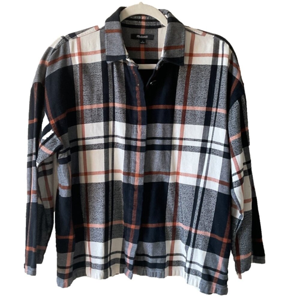 Madewell Women's Plaid Flannel Shirt Gray Orange Black Button Down | 100% Cotton